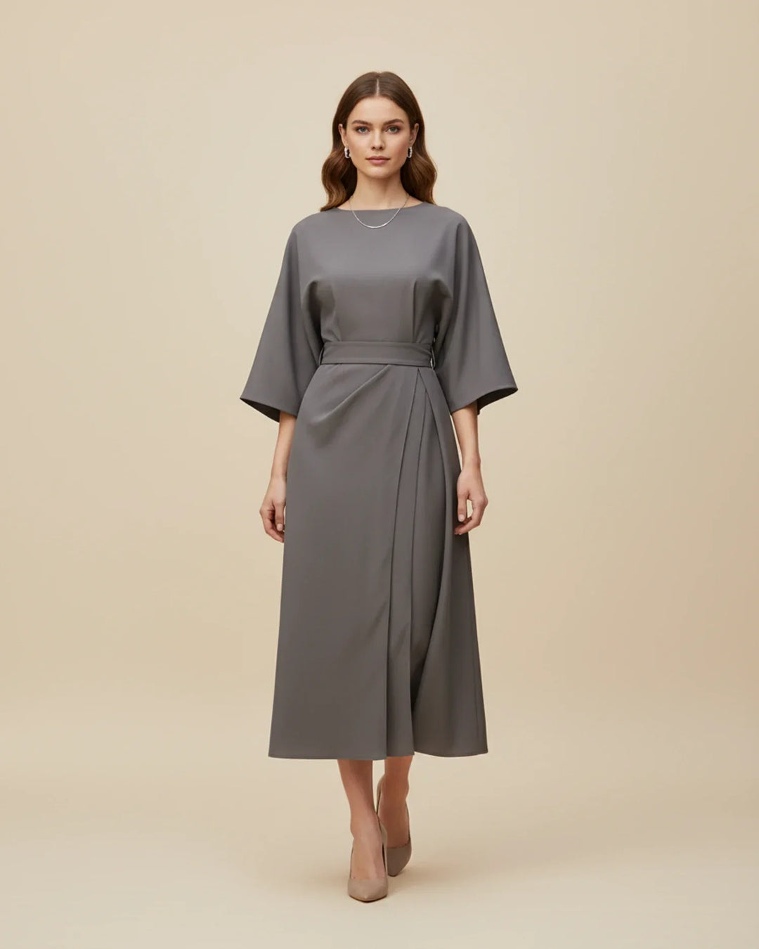 Stylish women's wrap dress with lantern sleeves, a versatile mid-length design.