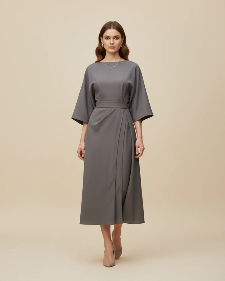 Stylish women's wrap dress with lantern sleeves, a versatile mid-length design.
