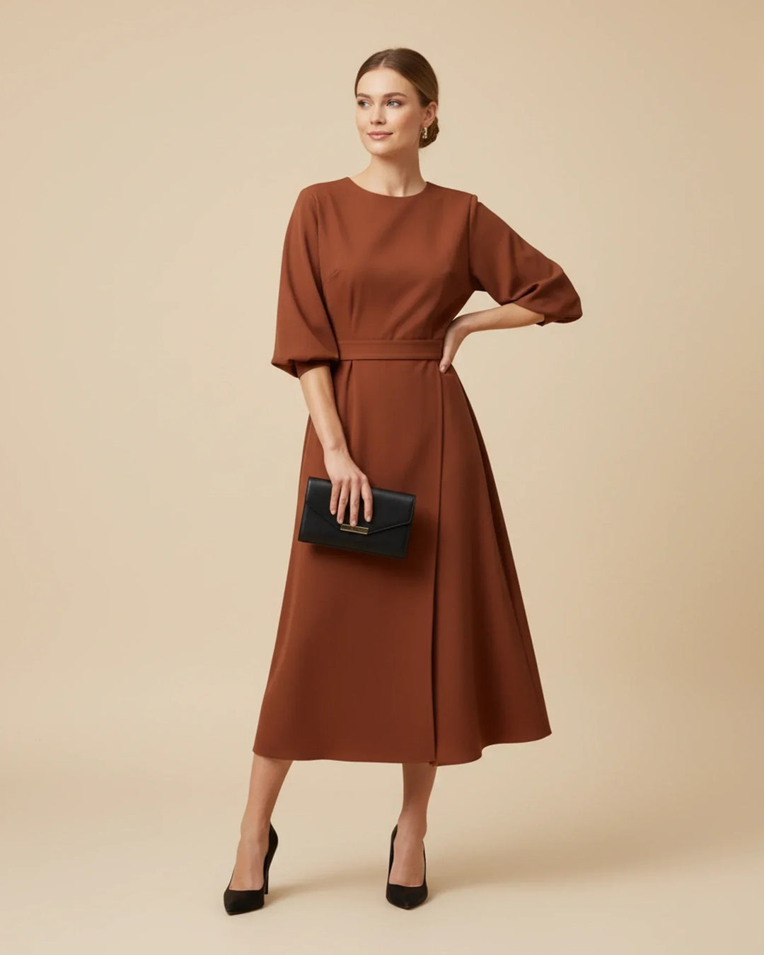 Women's elegant lantern sleeve midi dress, a perfect choice for formal or casual.