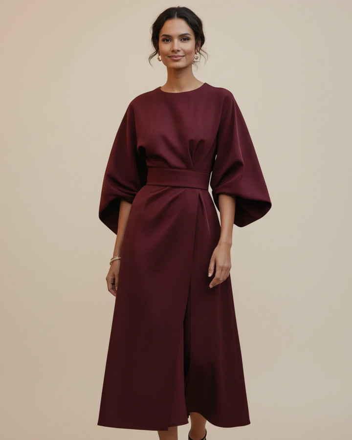 High-quality women's lantern sleeve wrap midi dress, designed for comfort and style.