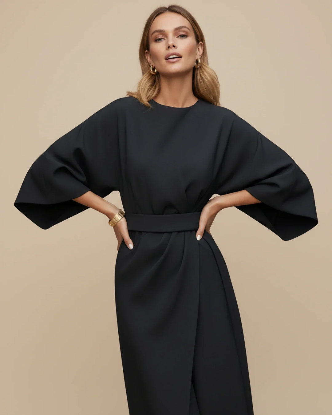 Sophisticated women's wrap midi dress with stylish lantern sleeves, perfect for office wear.