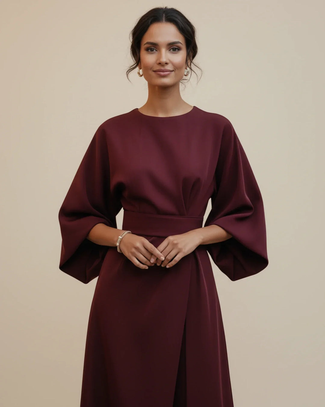 Gorgeous women's lantern sleeve midi dress with a flattering belted wrap silhouette.