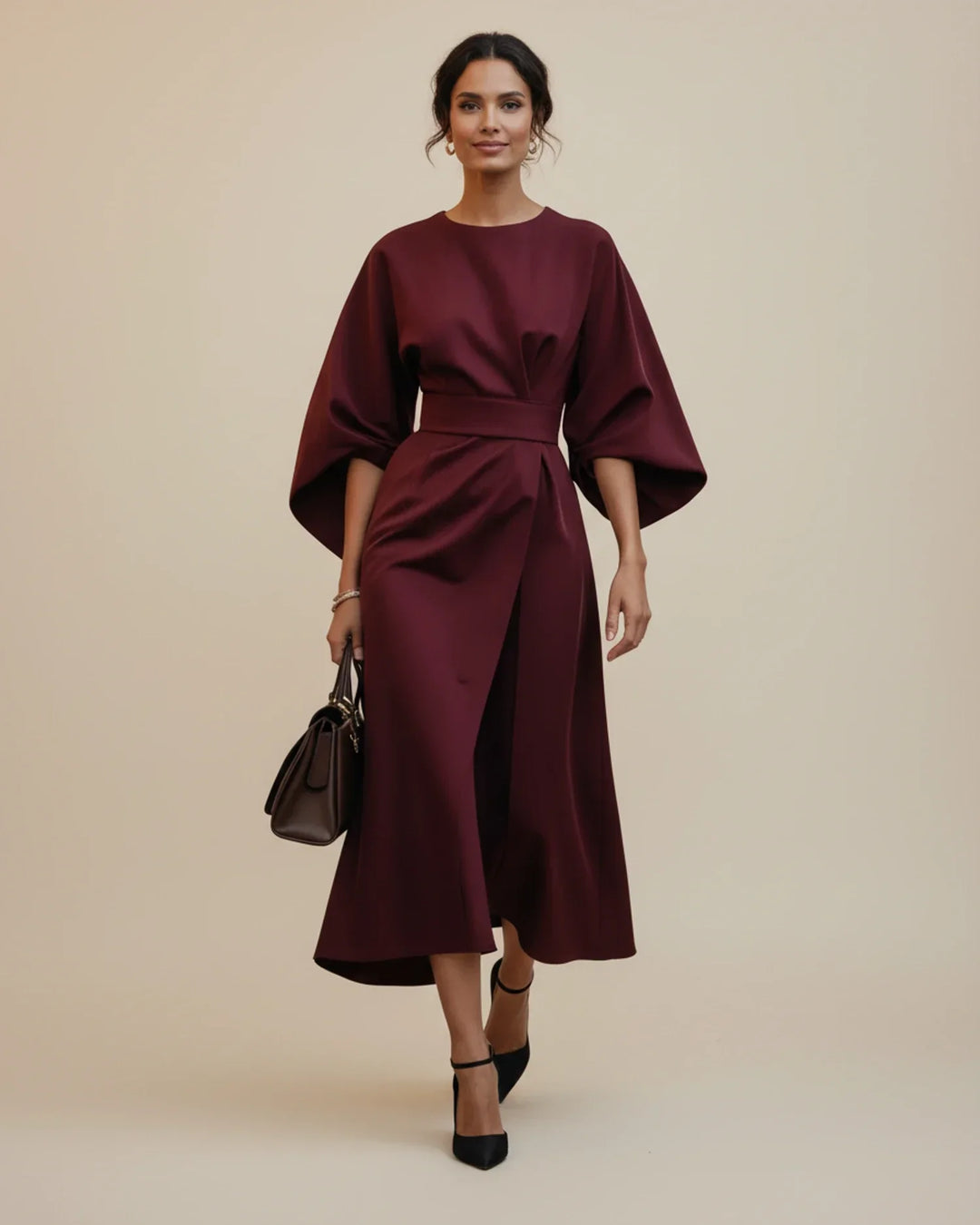 Women's sophisticated lantern sleeve belted wrap midi dress, a must-have for elegance.