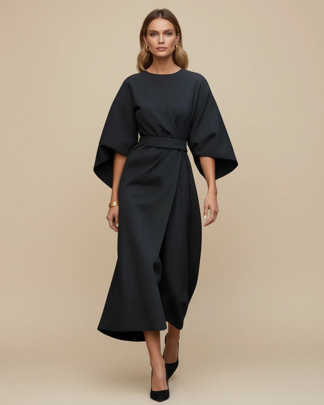 Versatile women's belted midi dress with chic lantern sleeves, ideal for day to night.