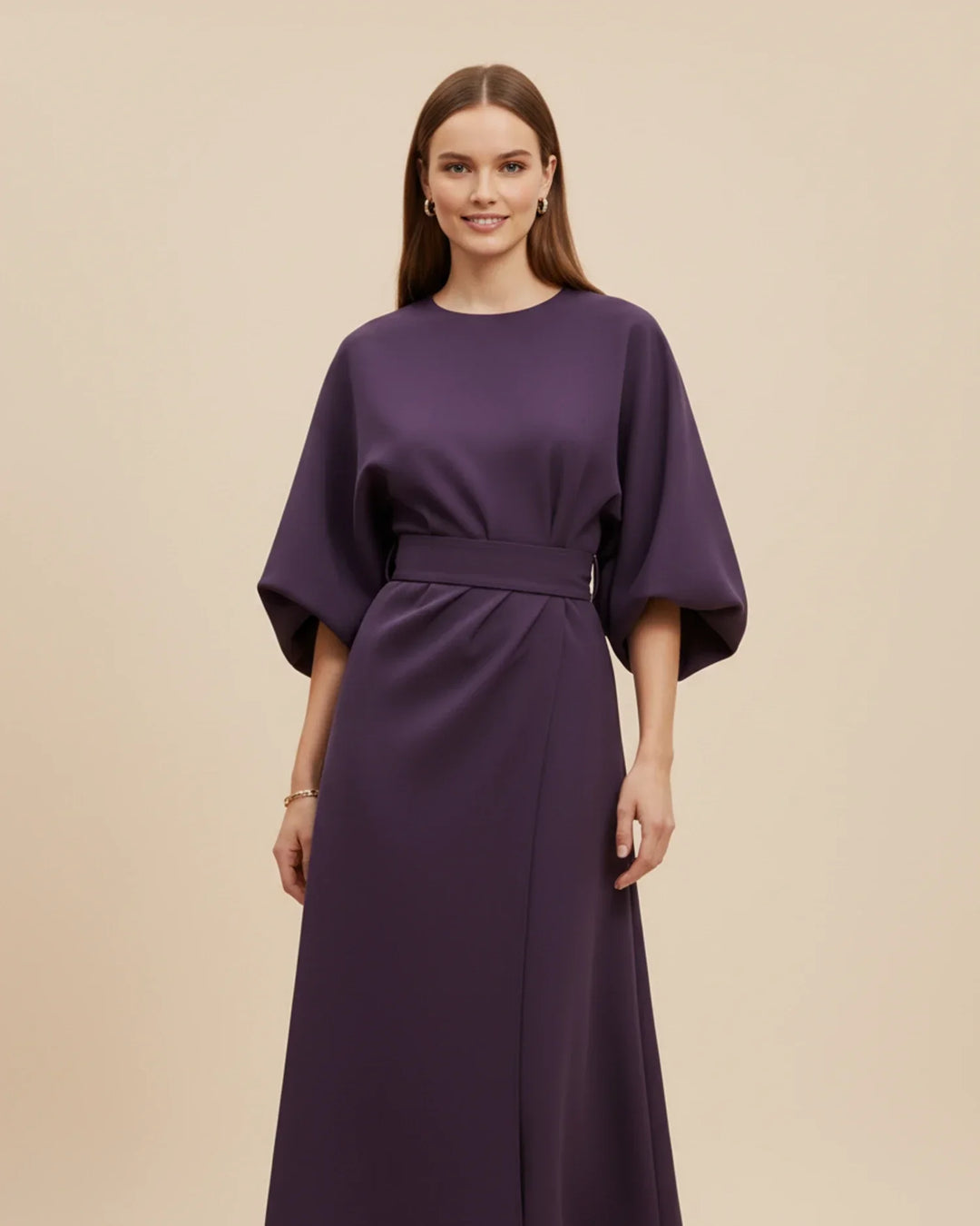 Flattering women's formal wrap midi dress featuring elegant lantern sleeves.
