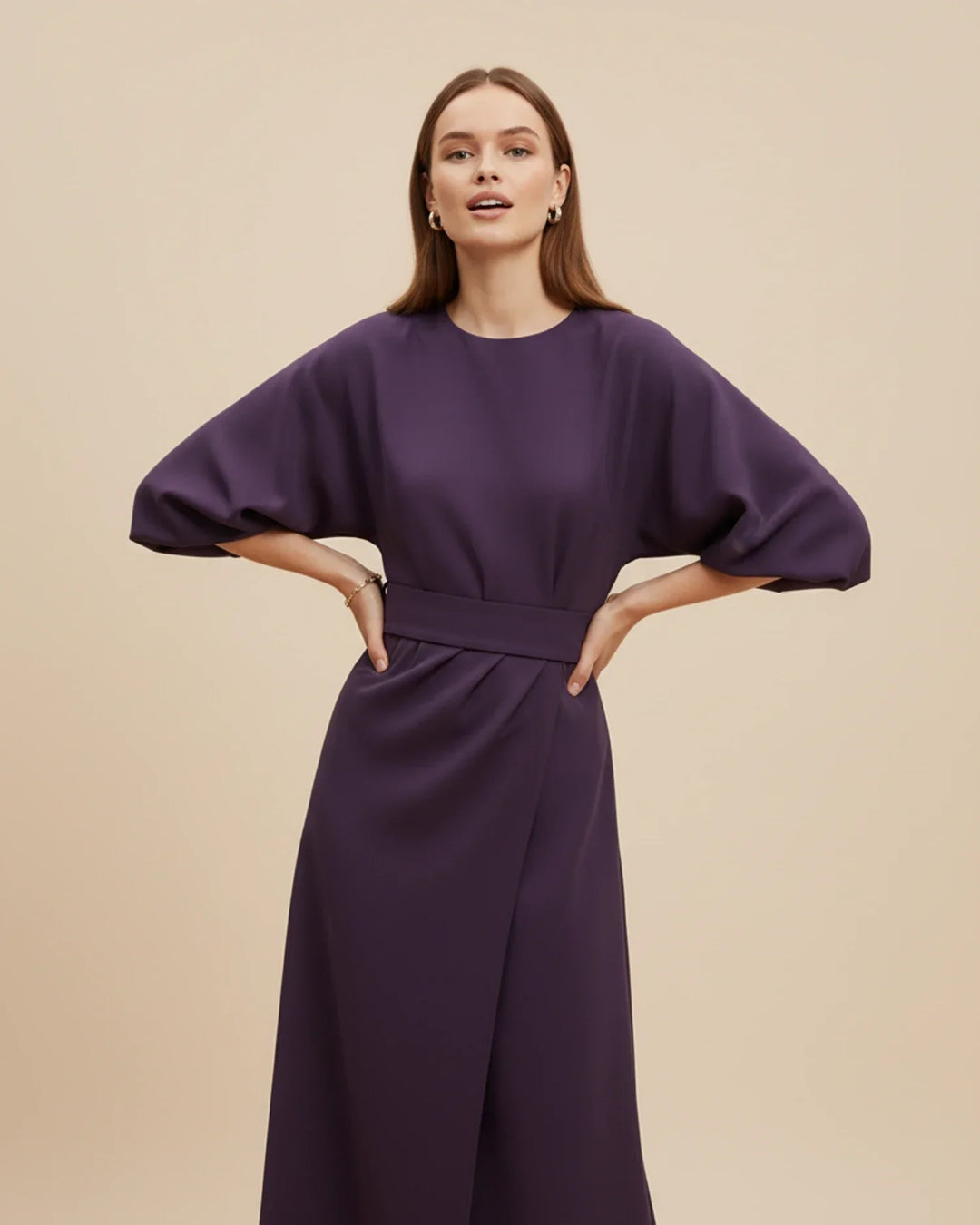 Stylish women's spring midi wrap dress with voluminous lantern sleeves and tie-waist.