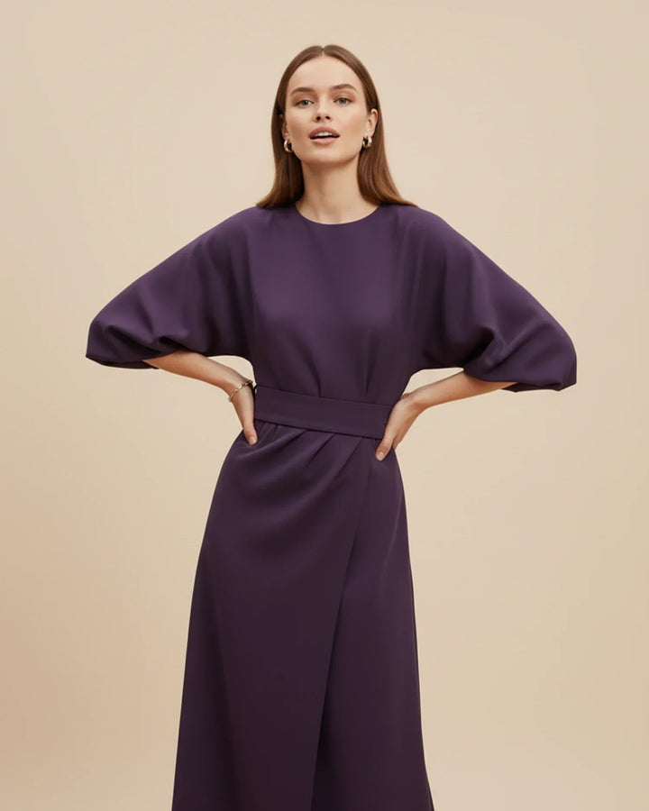 Stylish women's spring midi wrap dress with voluminous lantern sleeves and tie-waist.