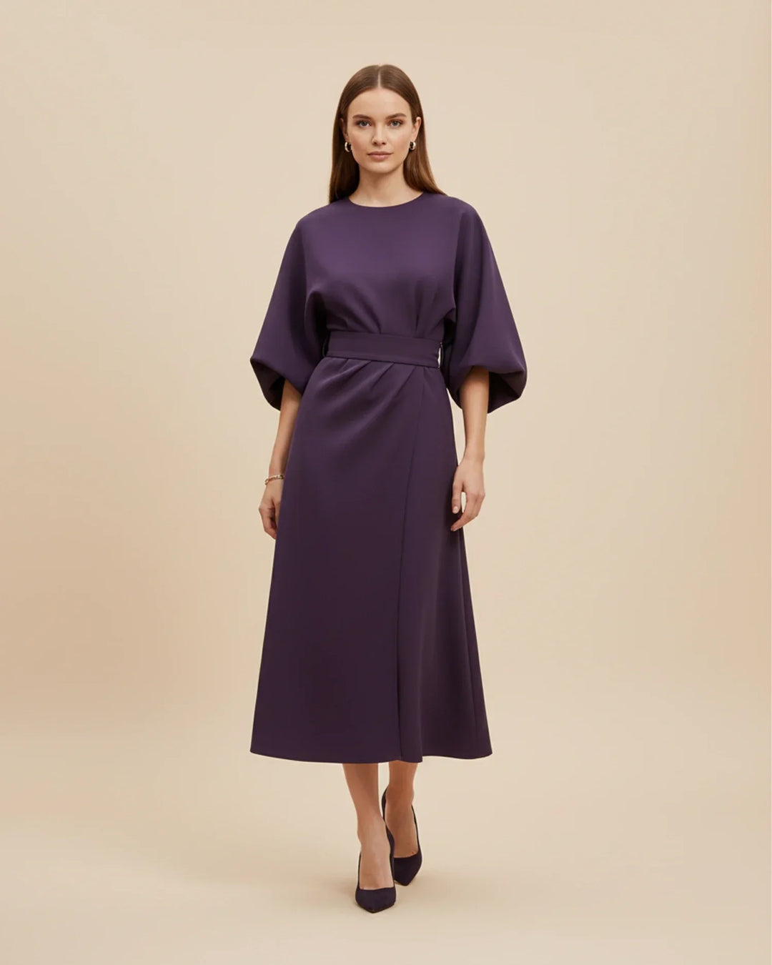 Classic black women's lantern sleeve belted wrap midi dress, suitable for special occasions.