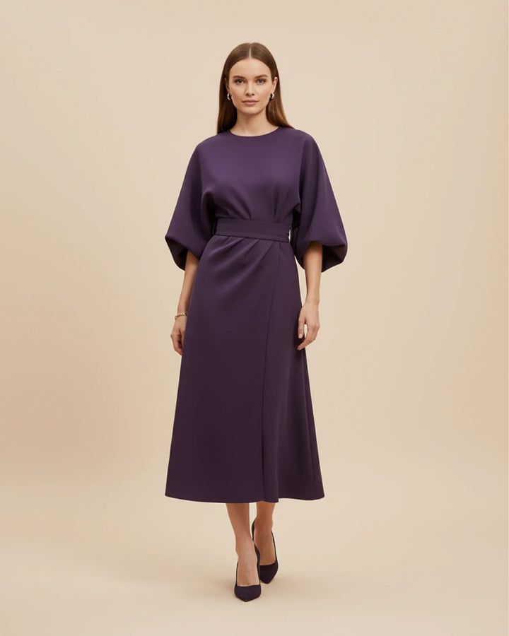 Classic black women's lantern sleeve belted wrap midi dress, suitable for special occasions.