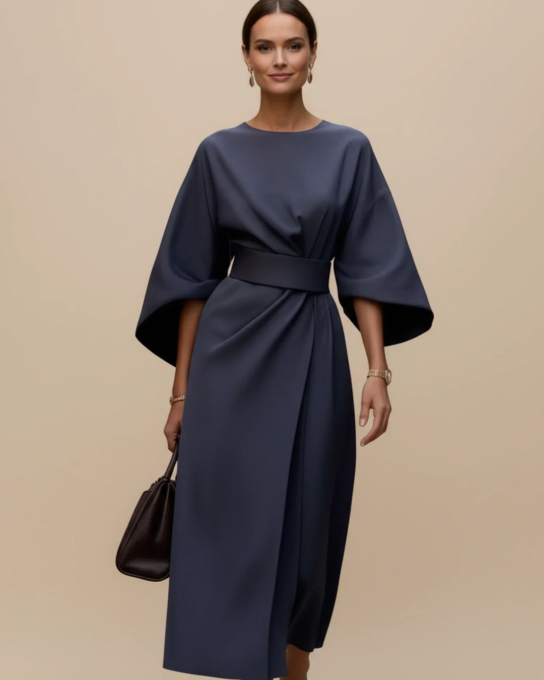 Navy blue women's elegant midi wrap dress with lantern sleeves, a sophisticated choice.