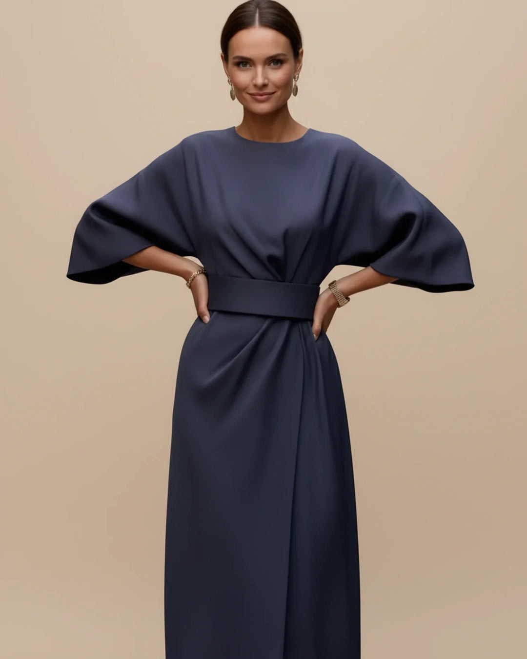 Chic party wear women's lantern sleeve midi dress with an adjustable wrap belt.