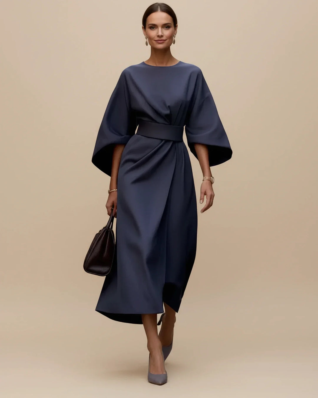 Modern women's summer lantern sleeve wrap midi dress, comfortable and stylish.