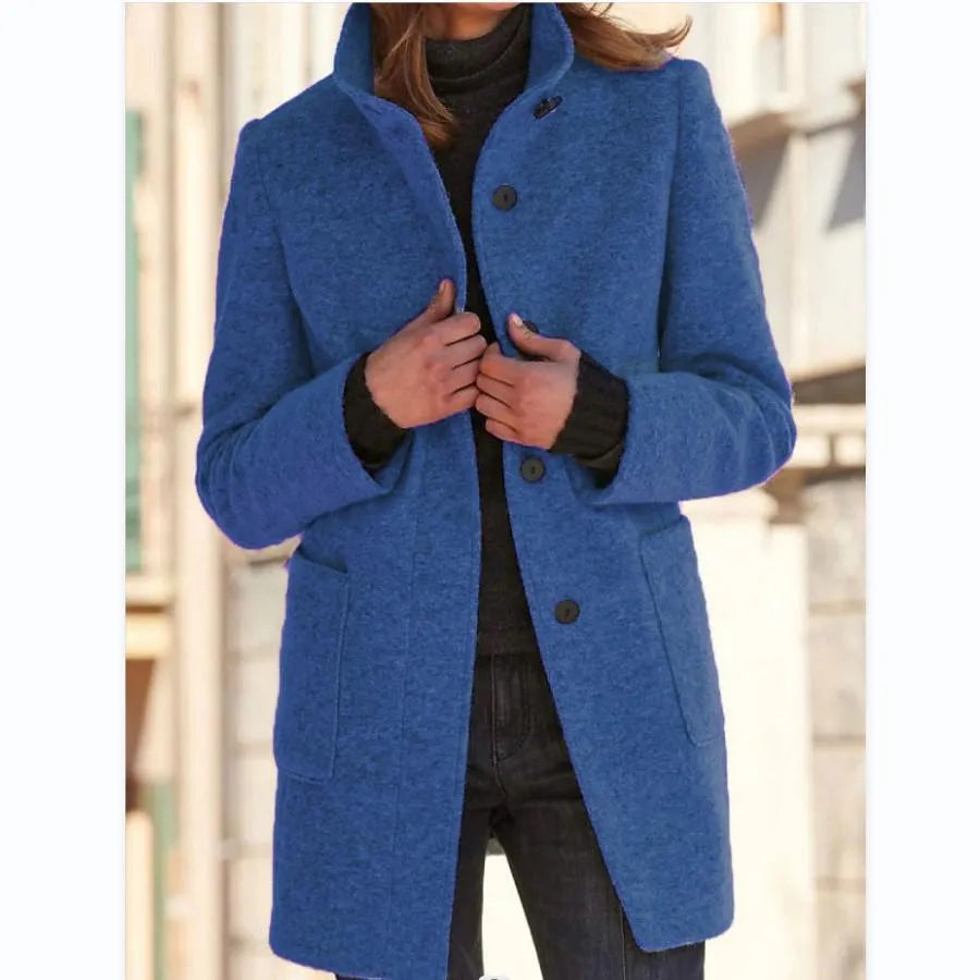 Elegant women's long winter coat, offering stylish comfort & a timeless fit. Perfect for business casual.