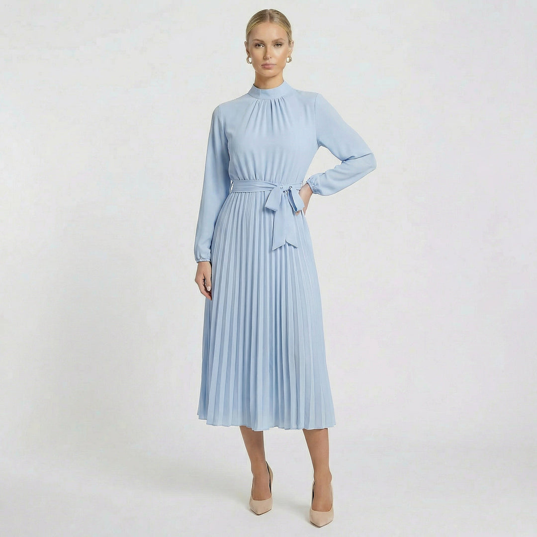 formal midi dresses for women with sleeves AUBREY High Neck Fluted Sleeve Micro Button Midi Dress in Burgundy main image 1