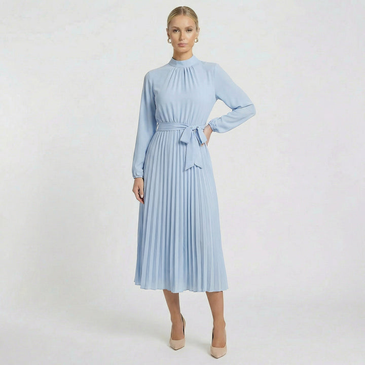 Women's elegant long sleeve pleated midi dress with belt, perfect for wedding guests, formal events, or office wear.