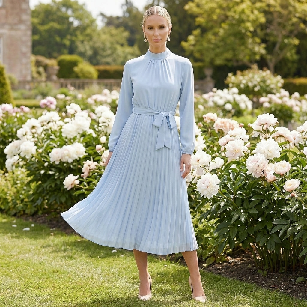 Slim fit belted midi dress for women, featuring long sleeves & pleats, versatile for cocktail parties or special occasions.