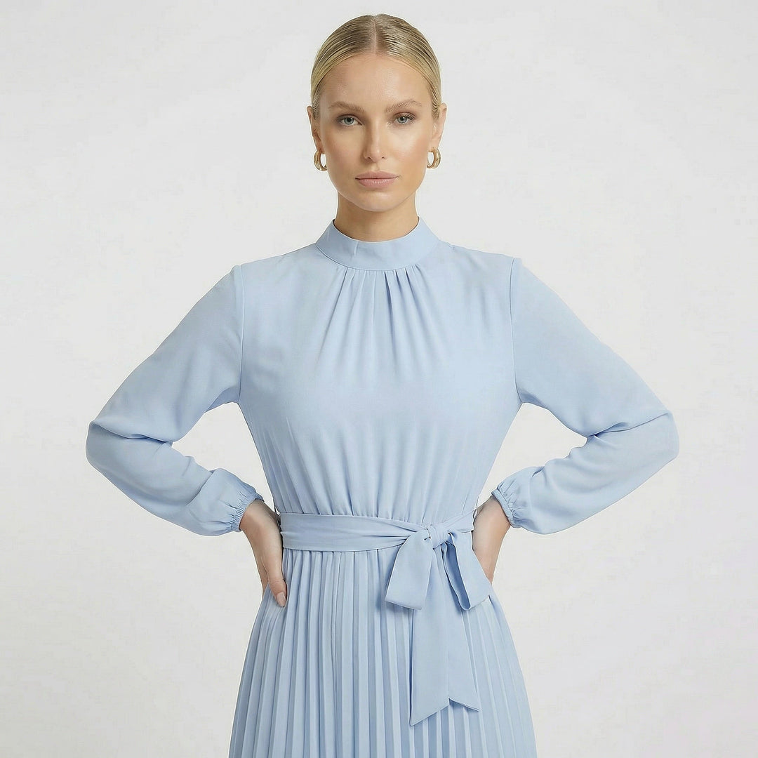Classic women's pleated midi dress with long sleeves & a stylish belt, ideal for a refined wedding guest or formal event look.