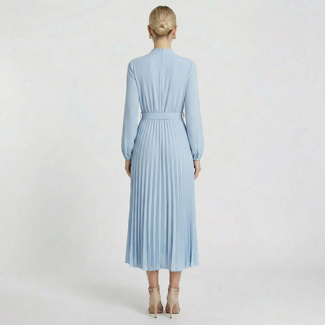 Elegant women's long sleeve pleated midi dress with a slim-fit belted waist, a chic choice for formal or wedding guest attire.