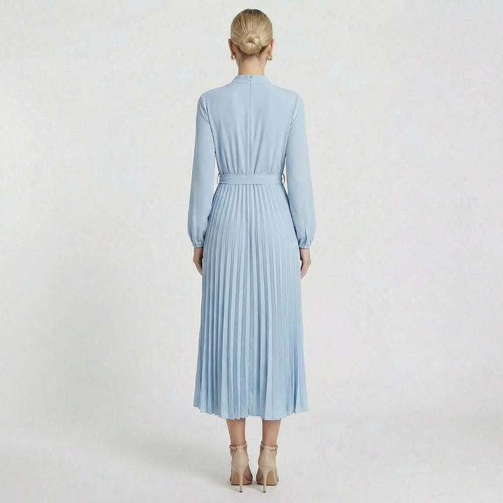 Elegant women's long sleeve pleated midi dress with a slim-fit belted waist, a chic choice for formal or wedding guest attire.