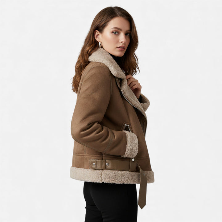 Cozy black moto-style lapel jacket for women, stylish and comfortable outerwear for winter.