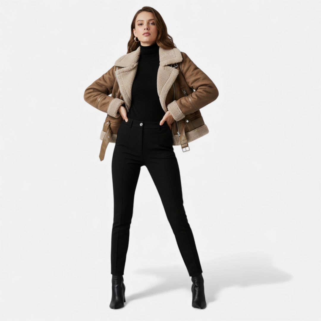 Chic women's lapel coat, an elegant moto jacket design, ideal for sophisticated fall outerwear.