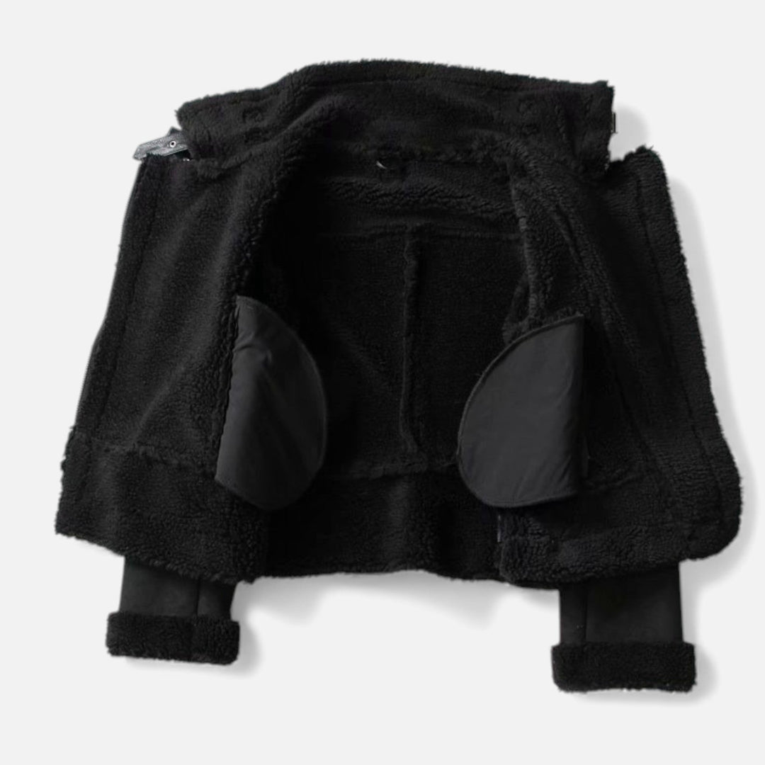 Black women's elegant moto lapel jacket. Chic and cozy fall fashion outerwear for stylish women.