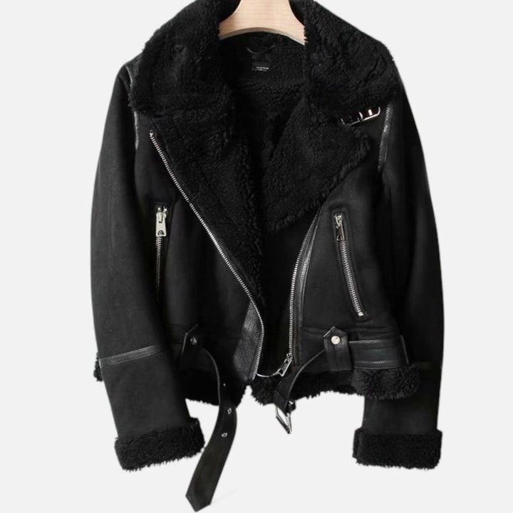 Sophisticated women's moto jacket with lapels. Versatile, elegant outerwear for fall and winter style.