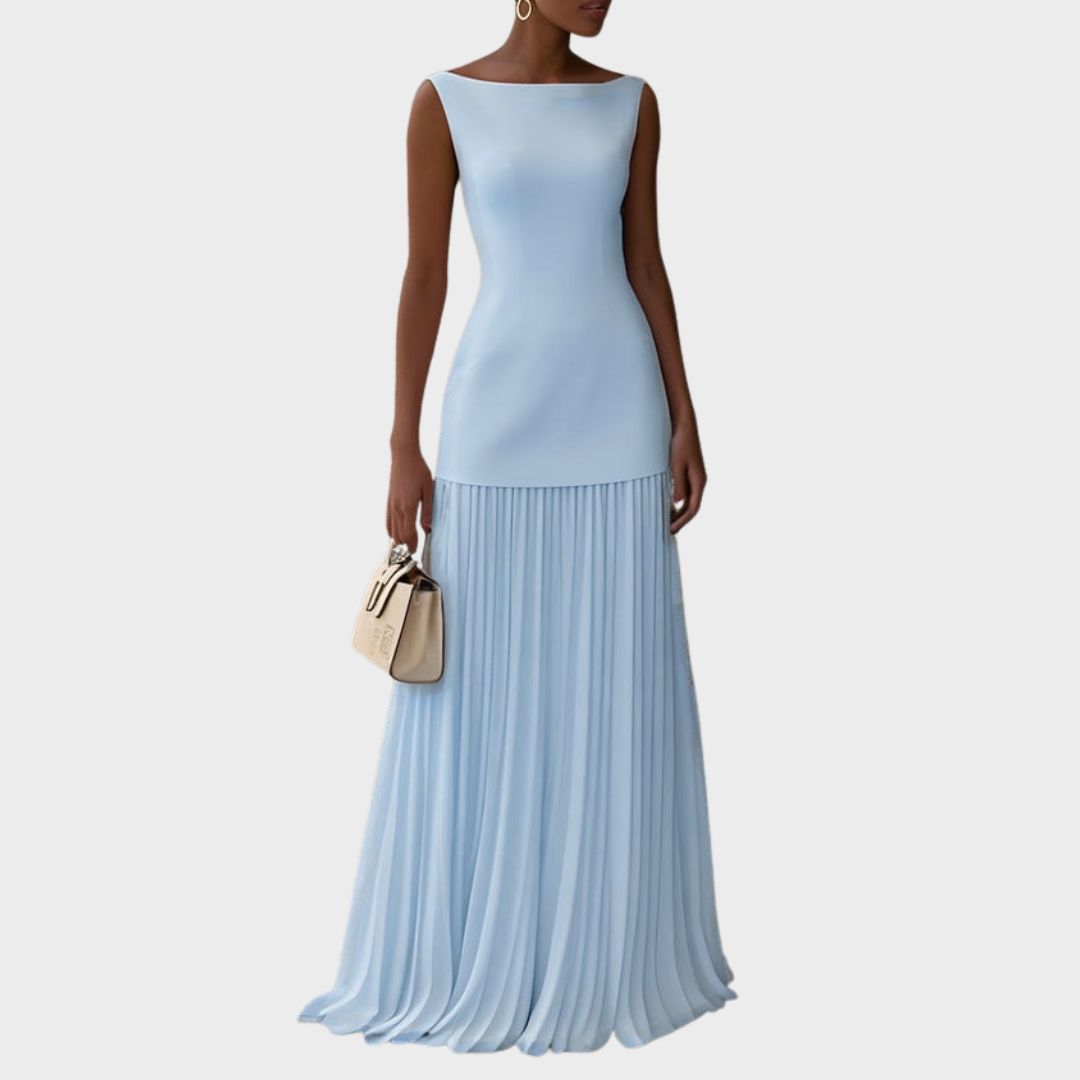 Women's elegant navy pleated midi dress, sleeveless, boat neckline, perfect for formal occasions