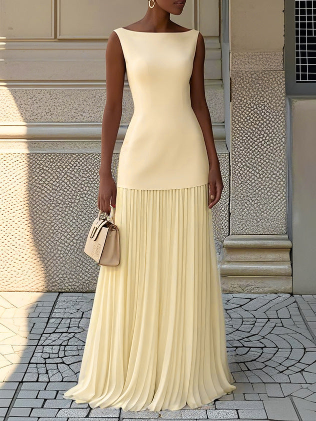 Sophisticated women's green pleated flowy midi dress, sleeveless, boat neckline, formal party style