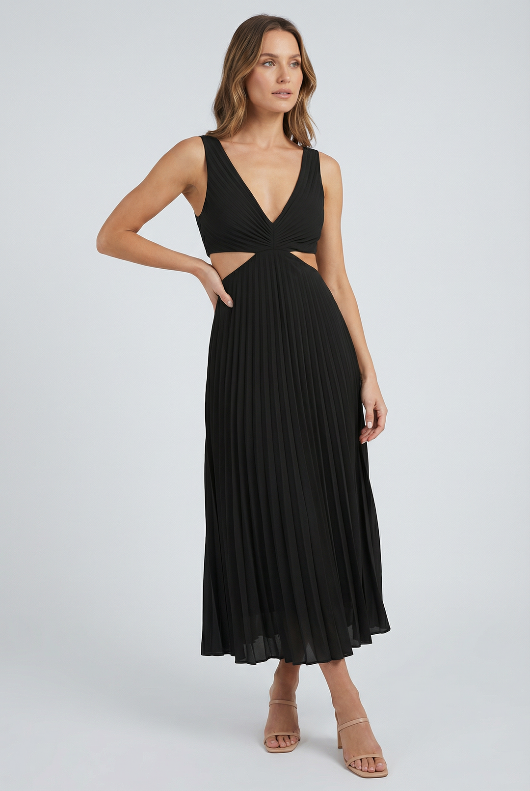 Sophisticated V-neck pleated maxi dress, designed for women's formal and occasion wear.