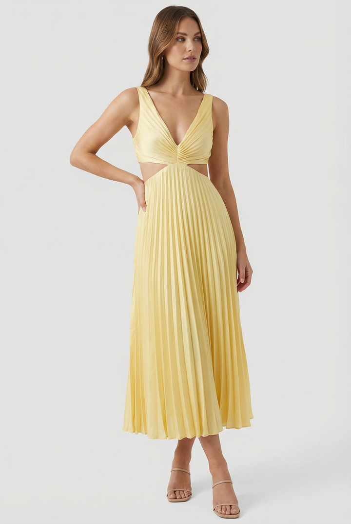 Chic V-neck pleated maxi dress for women, ideal for parties & elegant summer events.