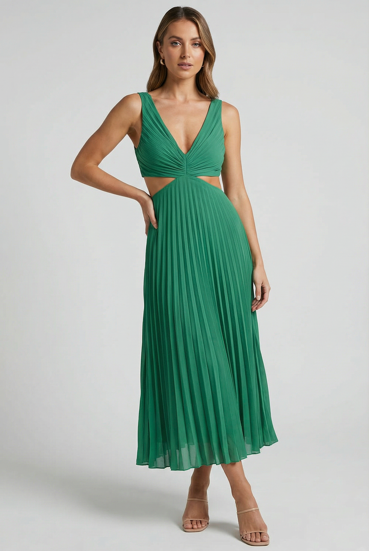 Beautiful women's summer pleated maxi dress, featuring a flattering V-neck.