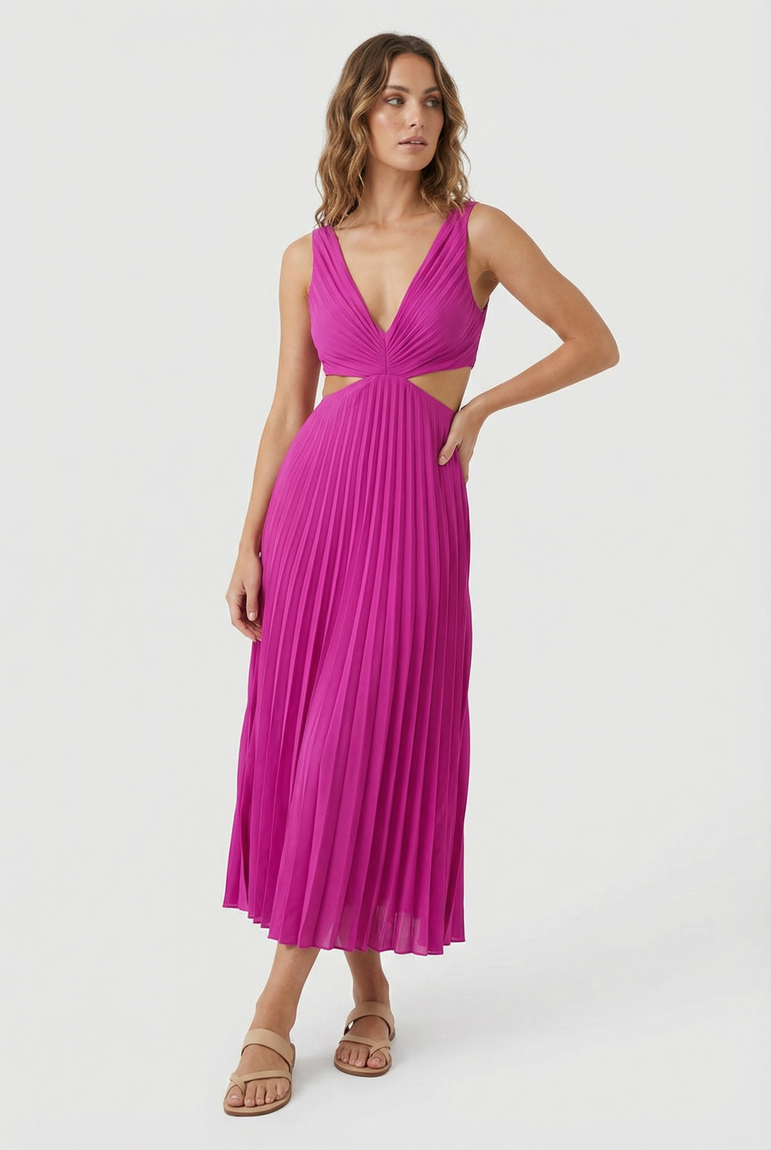 Graceful pleated V-neck maxi dress, a perfect piece for women's elegant fashion.