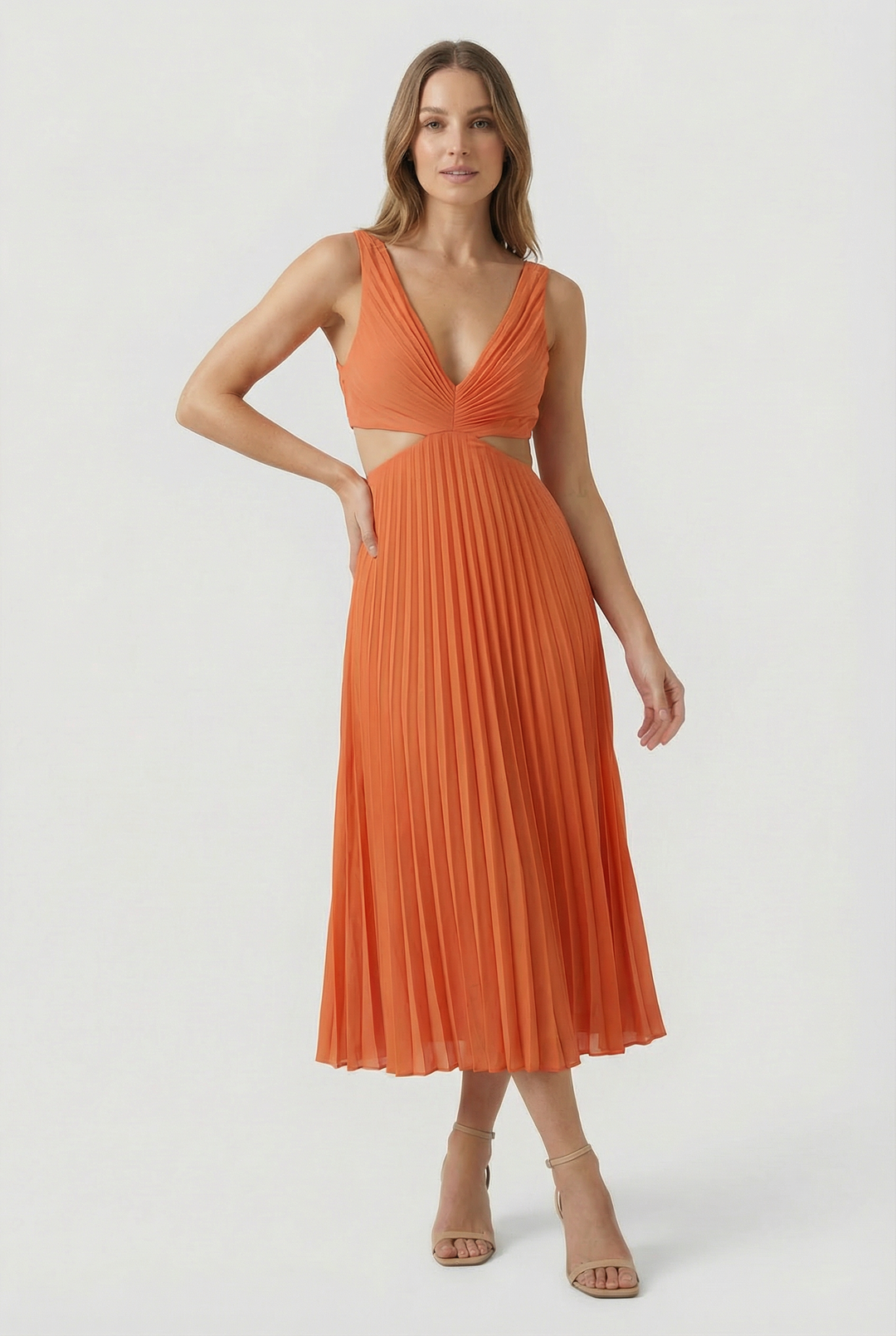 Formal occasion pleated maxi dress for women, with a chic flowy silhouette.