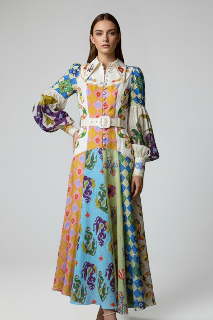 Trendy printed V-neck long sleeve maxi dress for women, ideal for casual and elegant looks