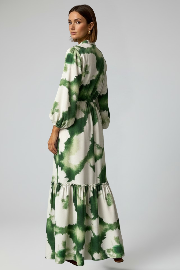 Printed V-neck maxi dress for women, offering a comfortable and stylish long sleeve design