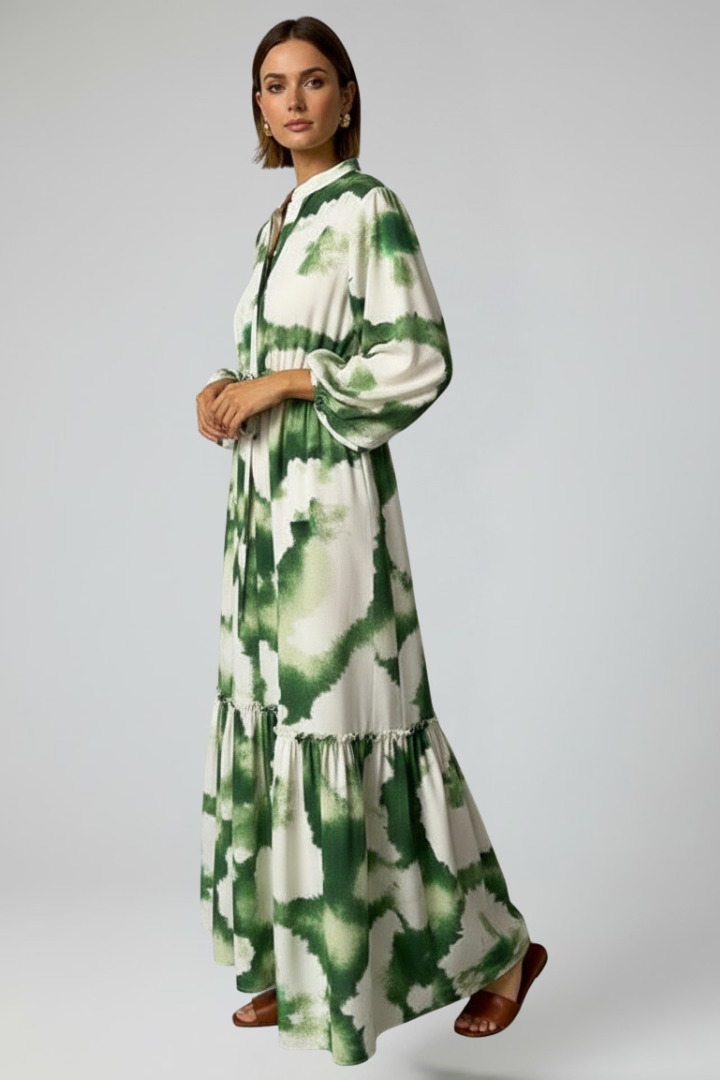 Sophisticated women's printed long sleeve maxi dress with a flattering V-neck cut