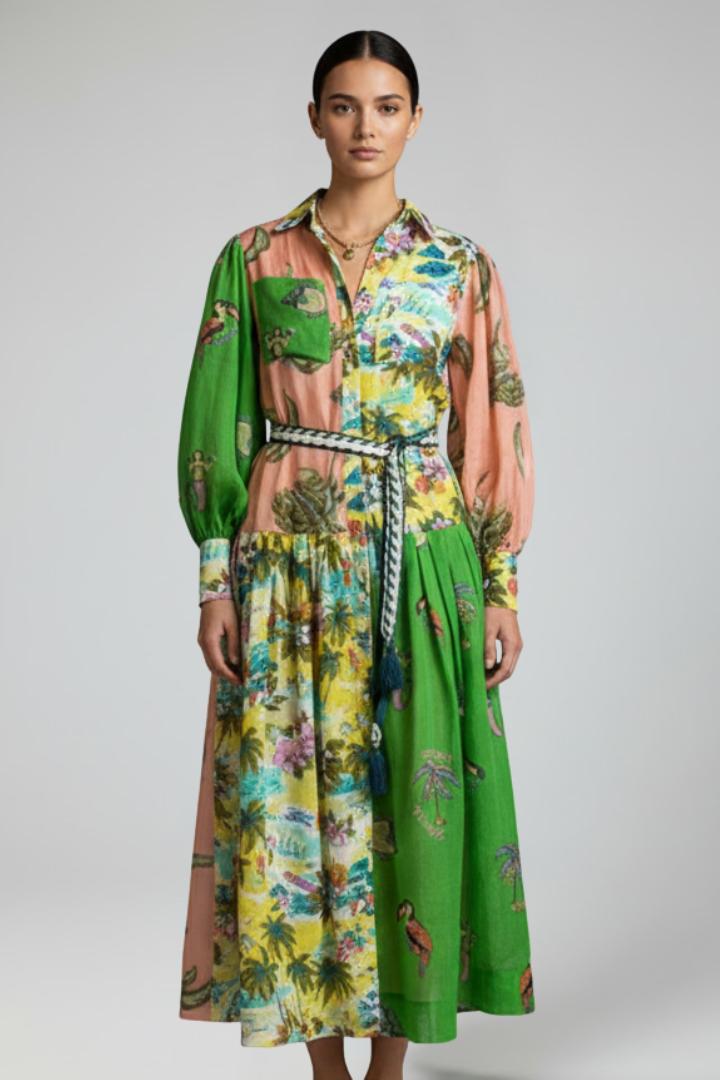 Vibrant printed long sleeve maxi dress, a versatile piece for women's summer and spring