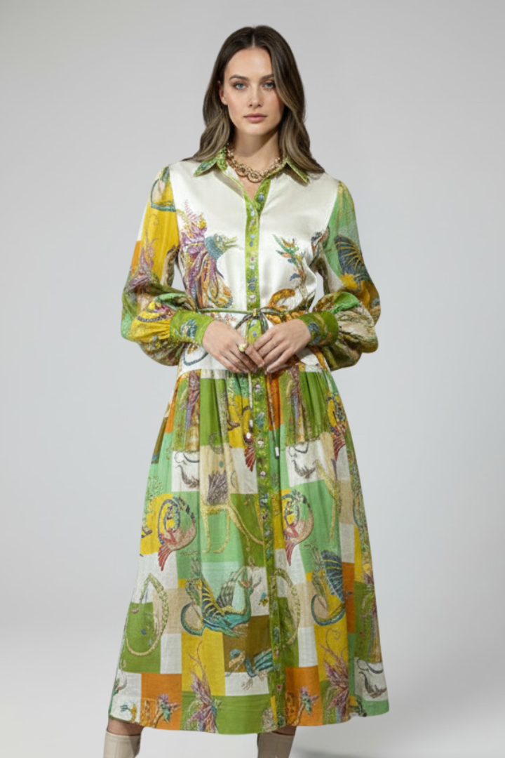 Flowy women's V-neck maxi dress with long sleeves and an intricate all-over print
