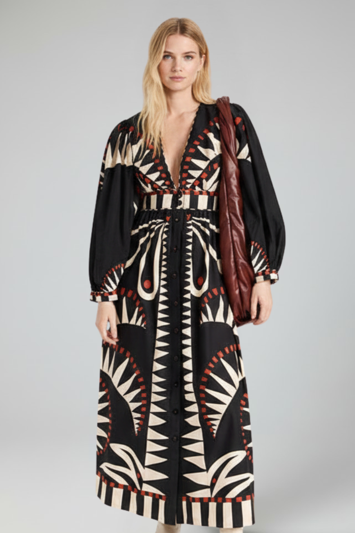 Comfortable women's long sleeve V-neck maxi dress with a unique and colorful print