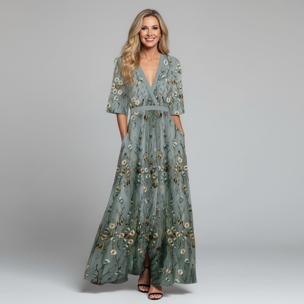 Women's elegant sage green floral embroidered maxi dress, perfect for summer holidays & wedding guests.