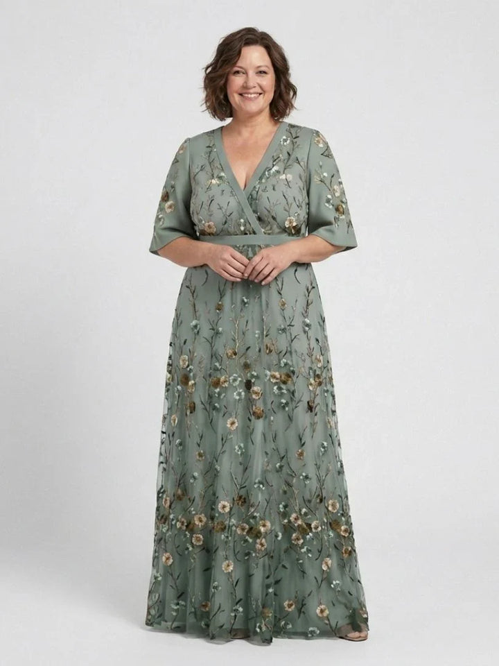 Elegant floral embroidered maxi dress for women in sage green, a stunning bohemian summer occasion wear.