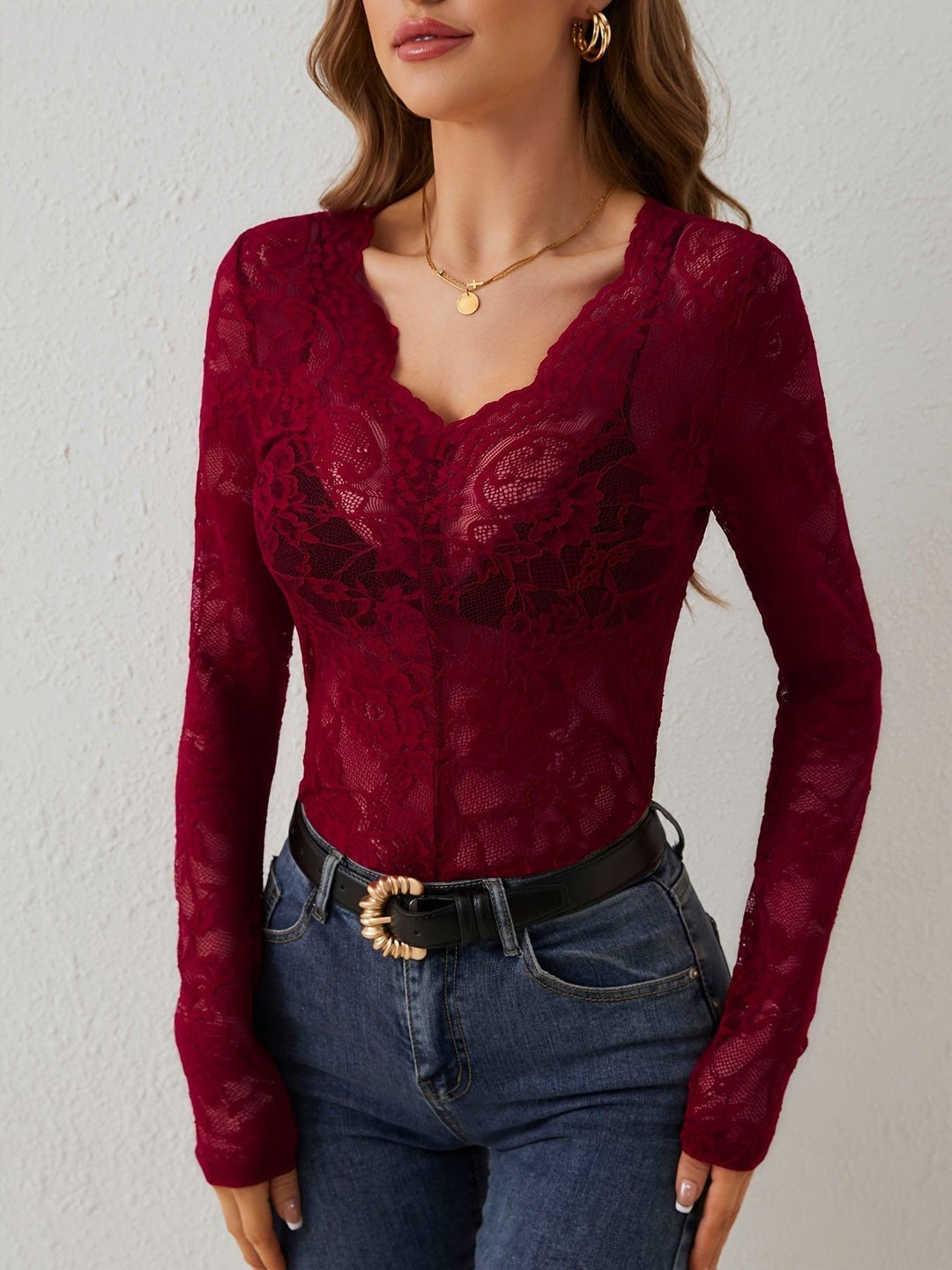 Women's elegant sheer lace V-neck long sleeve top, perfect for evening wear & parties.