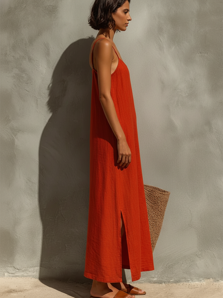 Comfortable flowy women's maxi dress, sleeveless with a stylish square neck, perfect for casual summer wear.