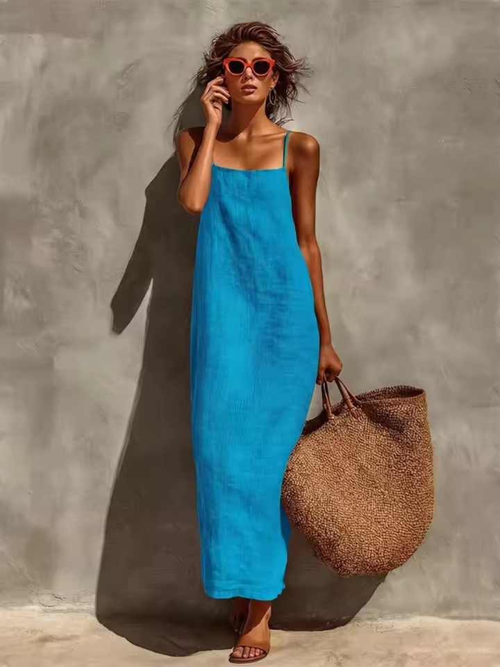 Versatile women's elegant square neck maxi dress, sleeveless and flowy for casual summer or vacation.