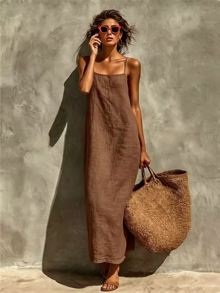 Modern elegant square neck maxi dress for women, sleeveless, flowy, and perfect for summer style.