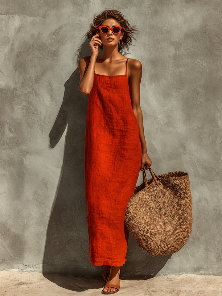 Flowy relaxed fit women's maxi dress with spaghetti straps & elegant square neck, ideal for summer.