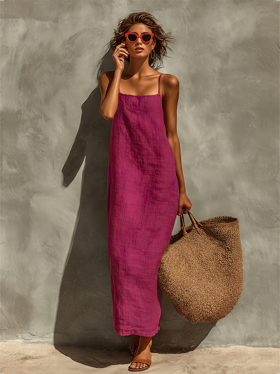 Elegant women's sleeveless square neck maxi dress, flowy and relaxed, suitable for upscale summer events.