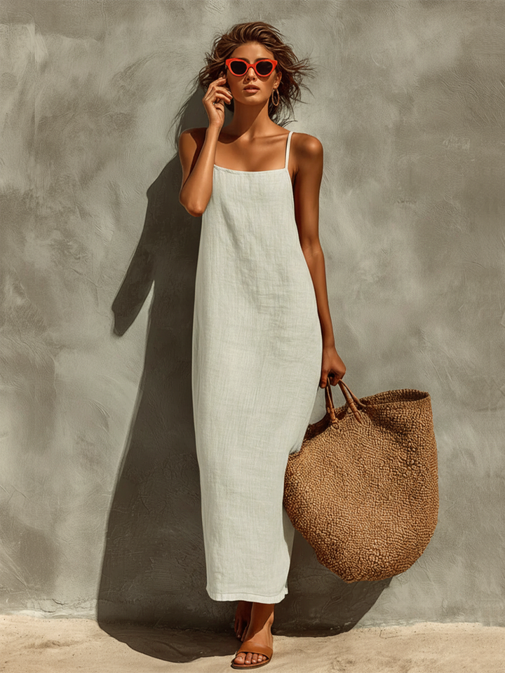 Women's elegant square neck sleeveless maxi dress, flowy summer style.