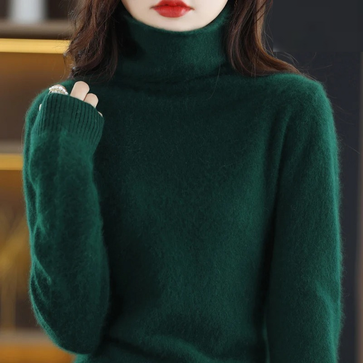 Elegant women's warm turtleneck pullover, soft and stylish for fall & winter fashion.